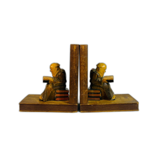 Vintage Wood Carved Monks Scholar Reading Books Sitting on Books Bookends - Picture 5 of 11